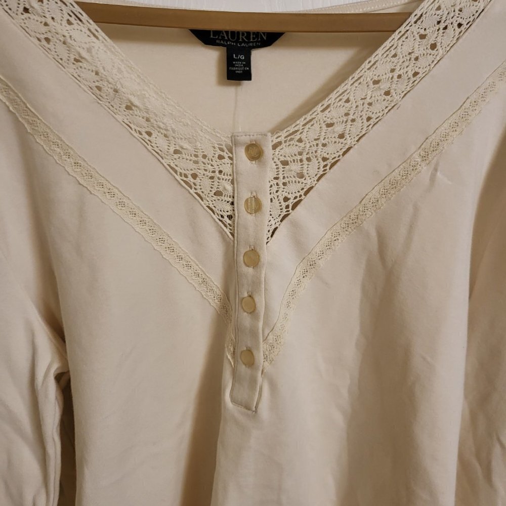 RALPH LAUREN Beige Lace Henley Embroidered Long Sleeve V Neck Top Size Large NWT - Picture 8 of 14